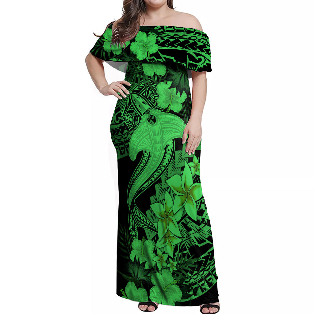 Aloha Hawaii Off Shoulder Maxi Dress Hammerhead Shark Tattoo Polynesian Summer - Green LT9 Women Green - Polynesian Pride