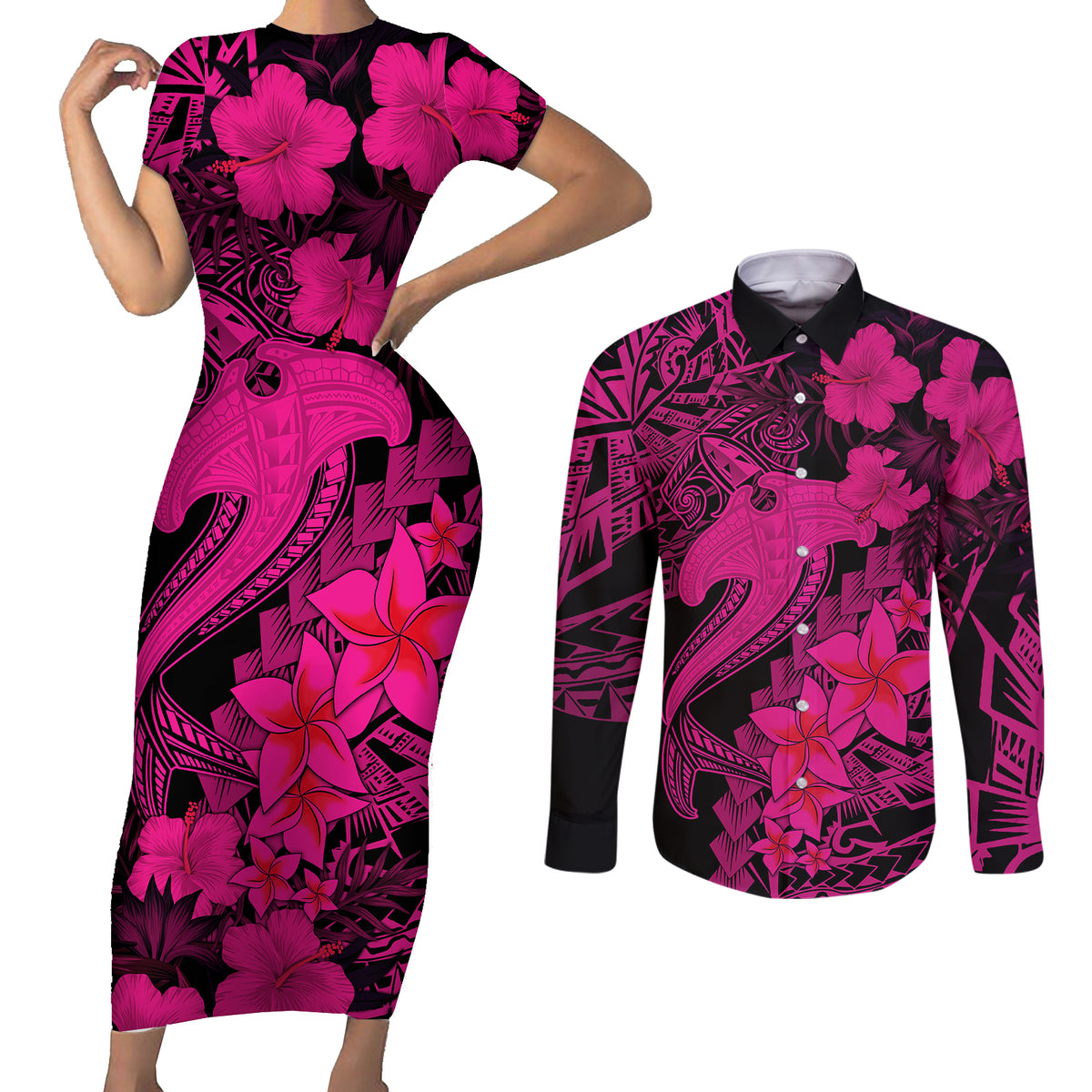 Aloha Hawaii Couples Matching Short Sleeve Bodycon Dress and Long Sleeve Button Shirts Hammerhead Shark Tattoo Polynesian Summer - Pink LT9 Pink - Polynesian Pride