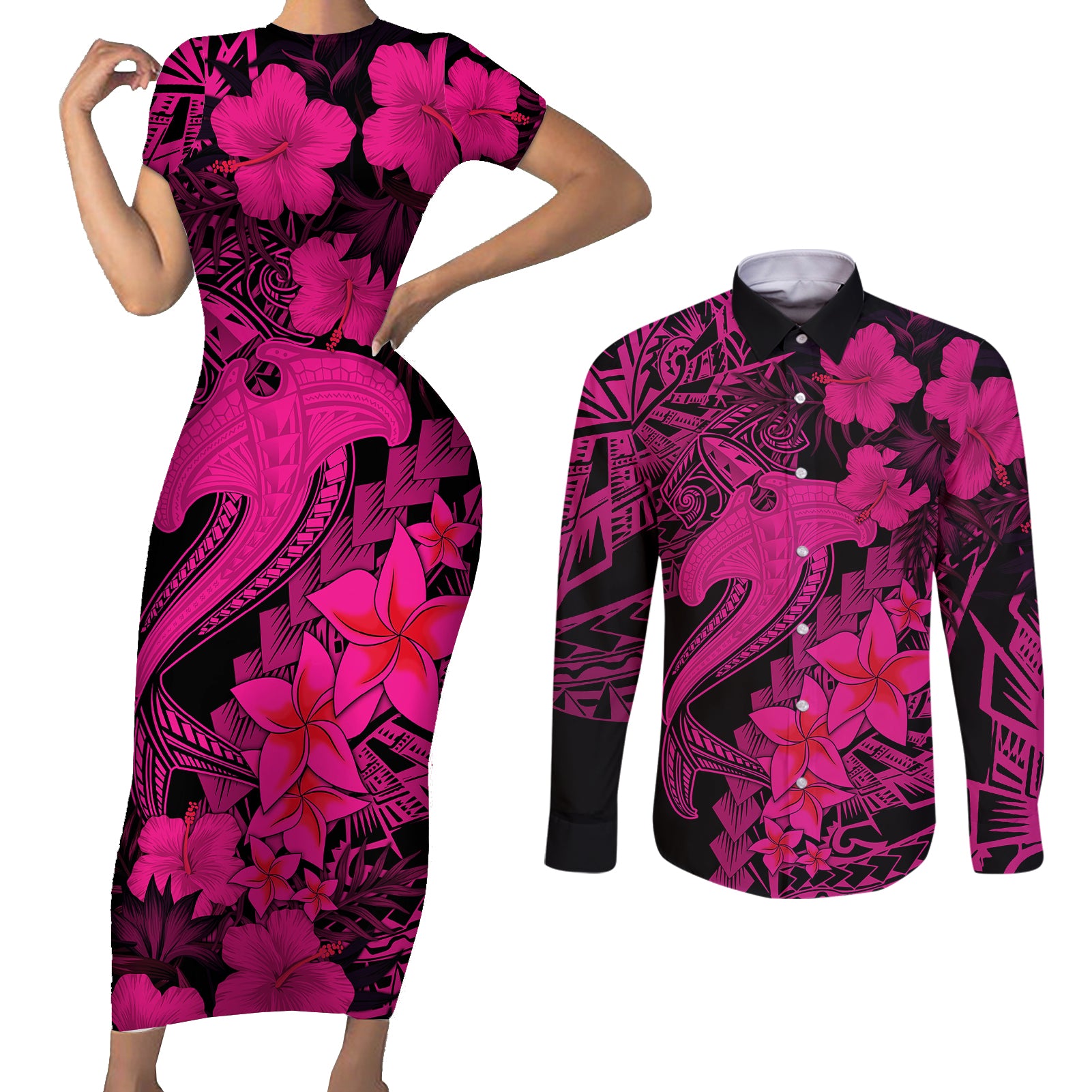 Aloha Hawaii Couples Matching Short Sleeve Bodycon Dress and Long Sleeve Button Shirts Hammerhead Shark Tattoo Polynesian Summer - Pink LT9 Pink - Polynesian Pride