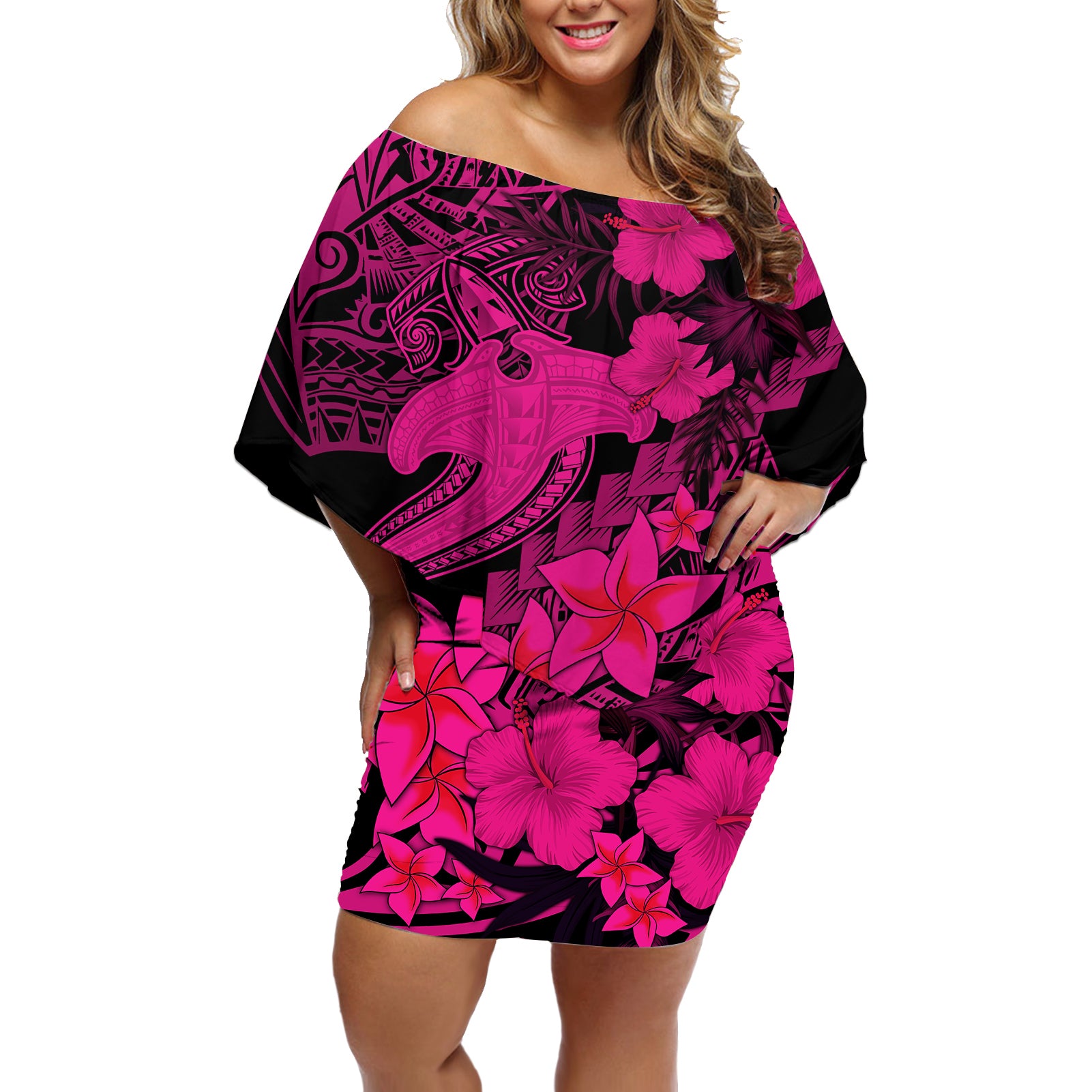 Aloha Hawaii Off Shoulder Short Dress Hammerhead Shark Tattoo Polynesian Summer - Pink LT9 Women Pink - Polynesian Pride