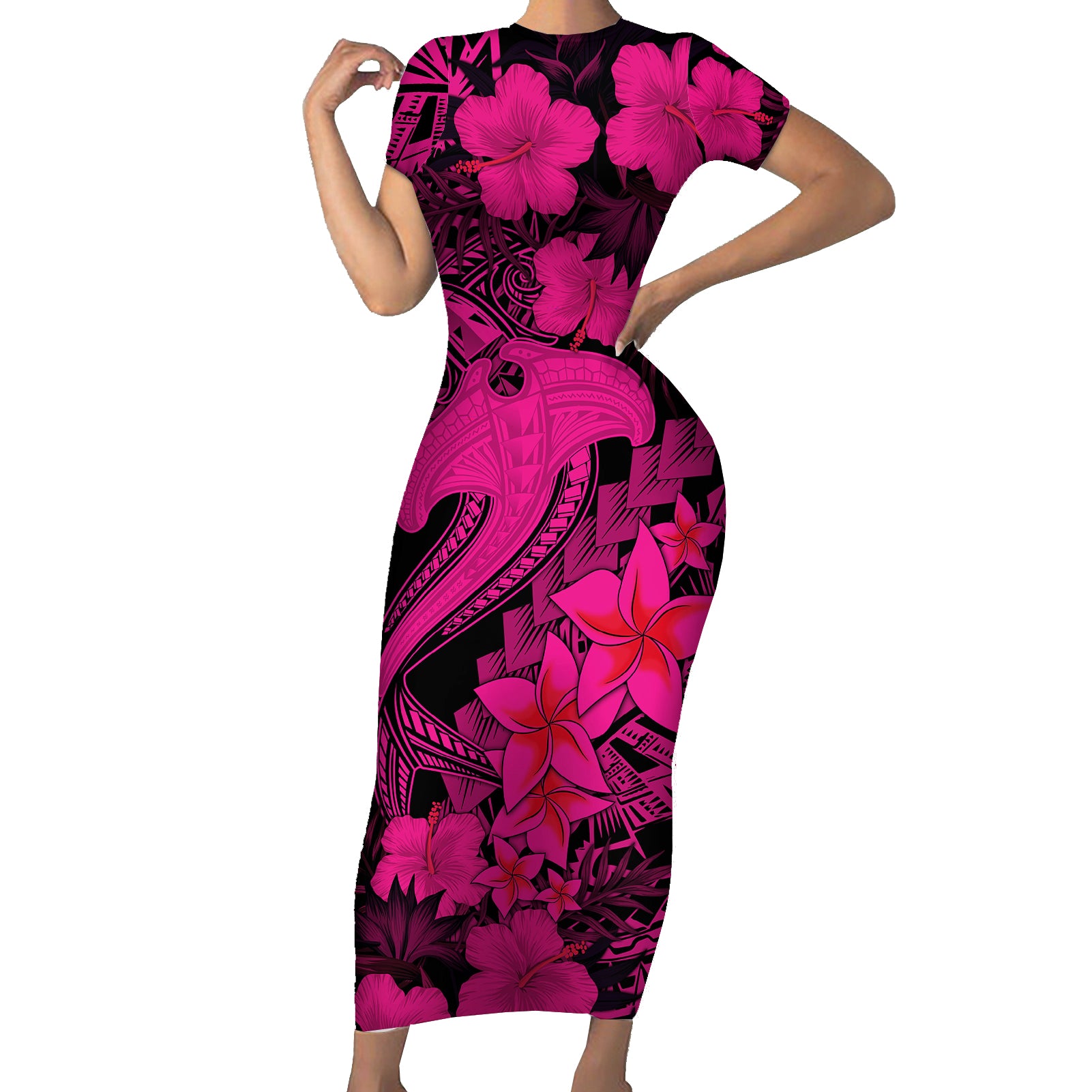 Aloha Hawaii Short Sleeve Bodycon Dress Hammerhead Shark Tattoo Polynesian Summer - Pink LT9 Long Dress Pink - Polynesian Pride