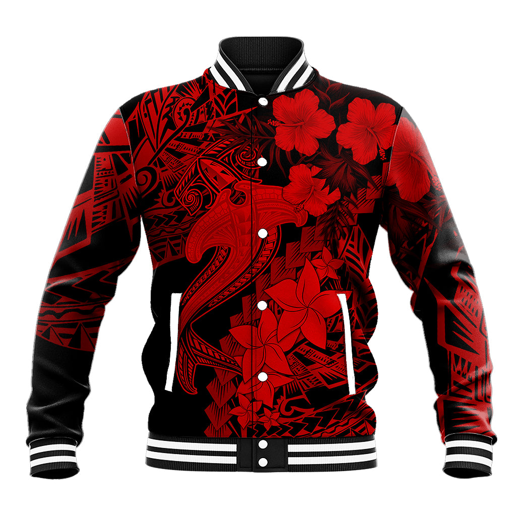 Aloha Hawaii Baseball Jacket Hammerhead Shark Tattoo Polynesian Summer - Red LT9 Unisex Red - Polynesian Pride