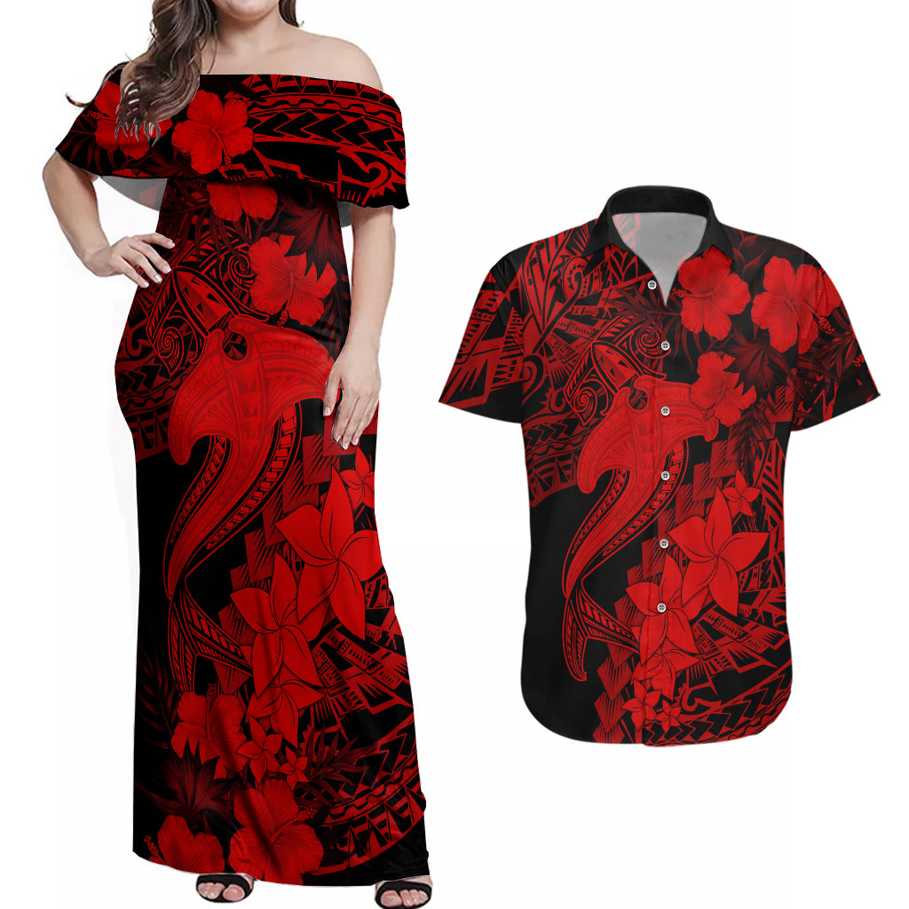 Aloha Hawaii Couples Matching Off Shoulder Maxi Dress and Hawaiian Shirt Hammerhead Shark Tattoo Polynesian Summer - Red LT9 Red - Polynesian Pride