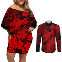Aloha Hawaii Couples Matching Off Shoulder Short Dress and Long Sleeve Button Shirts Hammerhead Shark Tattoo Polynesian Summer - Red LT9 Red - Polynesian Pride