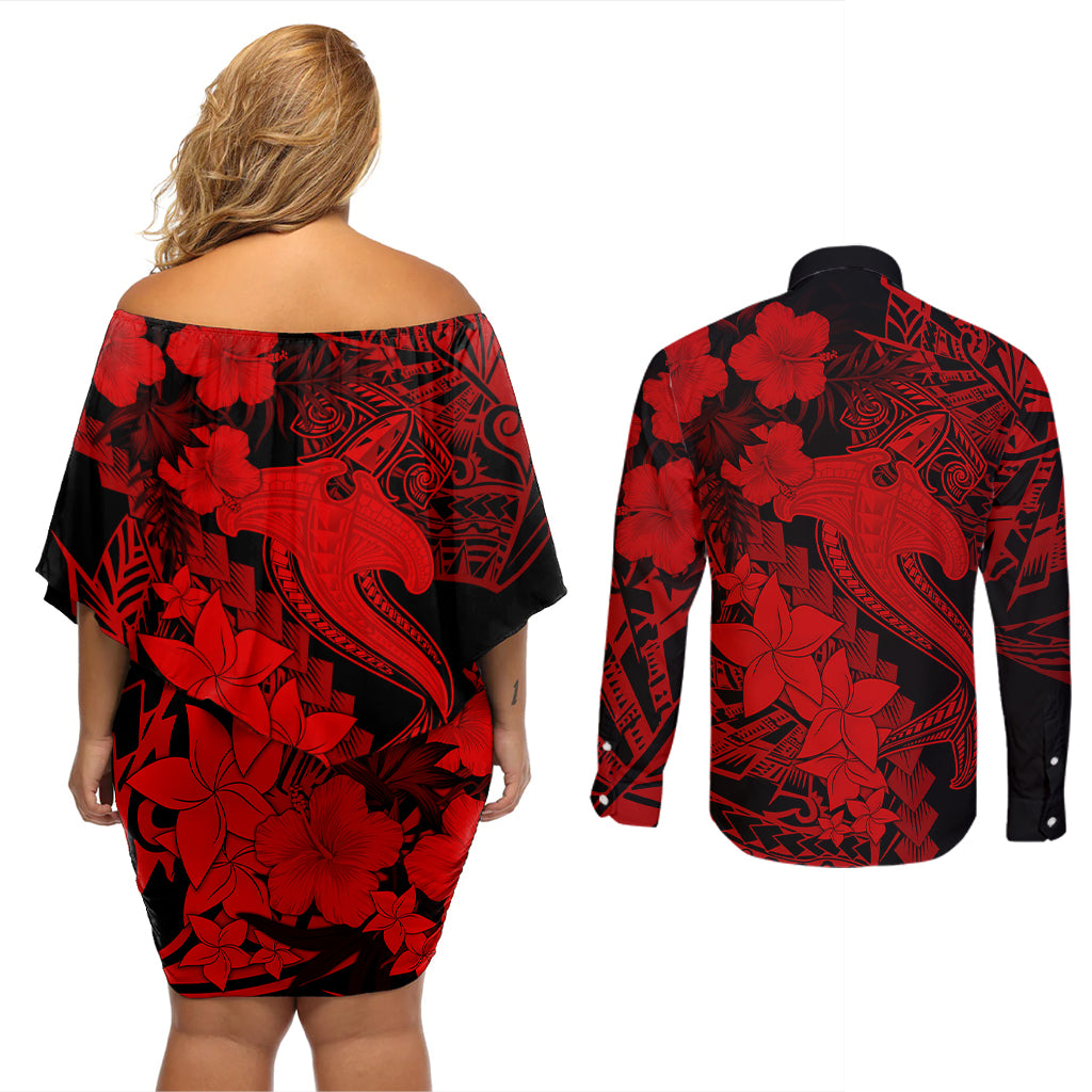 Aloha Hawaii Couples Matching Off Shoulder Short Dress and Long Sleeve Button Shirts Hammerhead Shark Tattoo Polynesian Summer - Red LT9 - Polynesian Pride