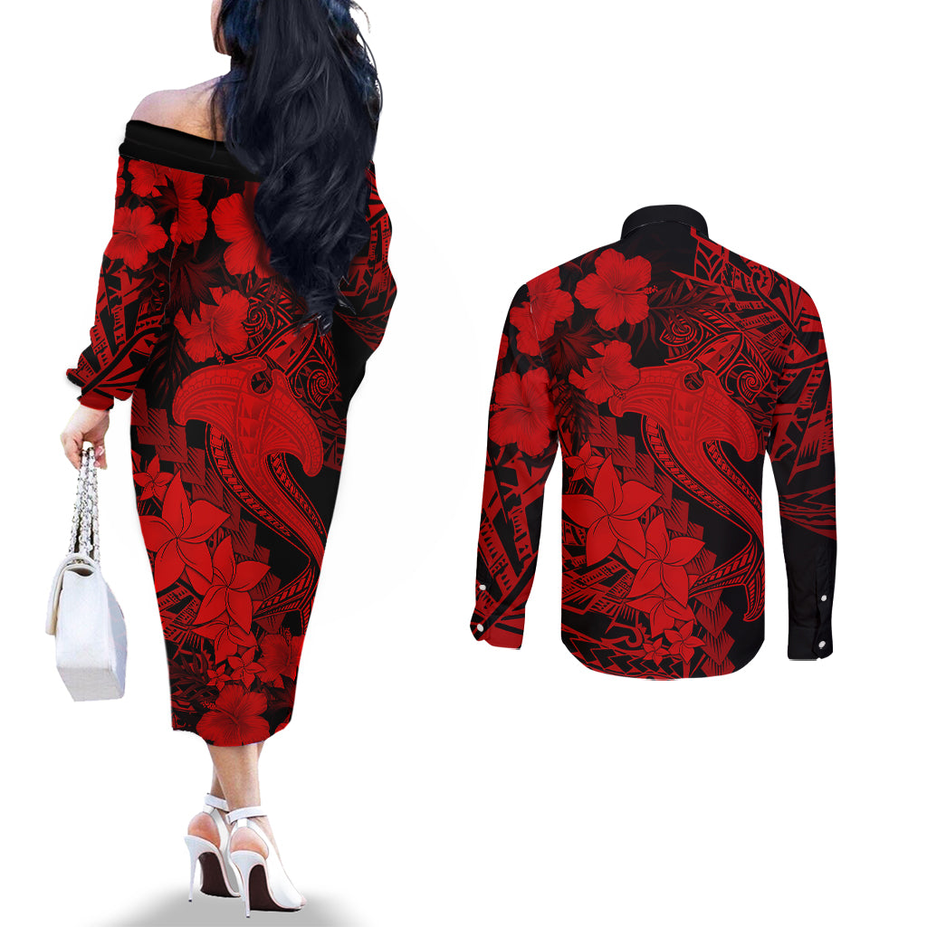 Aloha Hawaii Couples Matching Off The Shoulder Long Sleeve Dress and Long Sleeve Button Shirts Hammerhead Shark Tattoo Polynesian Summer - Red LT9 - Polynesian Pride