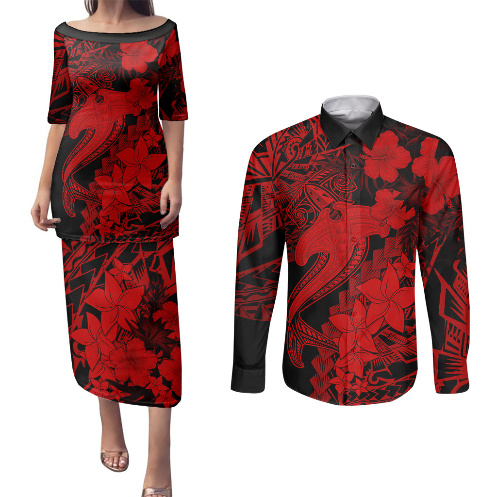 Aloha Hawaii Couples Matching Puletasi Dress and Long Sleeve Button Shirts Hammerhead Shark Tattoo Polynesian Summer - Red LT9 Red - Polynesian Pride
