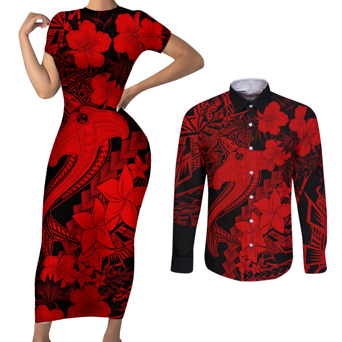 Aloha Hawaii Couples Matching Short Sleeve Bodycon Dress and Long Sleeve Button Shirts Hammerhead Shark Tattoo Polynesian Summer - Red LT9 Red - Polynesian Pride
