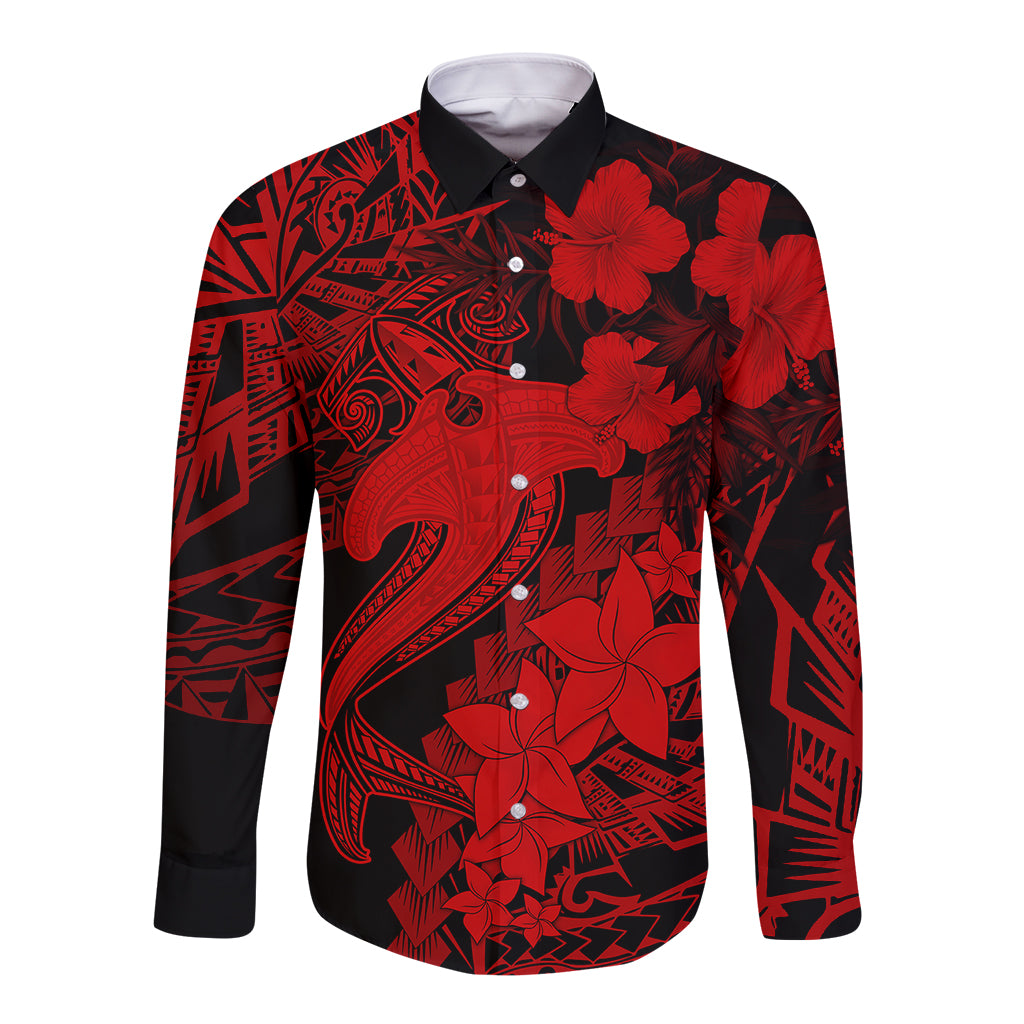 Aloha Hawaii Long Sleeve Button Shirt Hammerhead Shark Tattoo Polynesian Summer - Red LT9 Unisex Red - Polynesian Pride