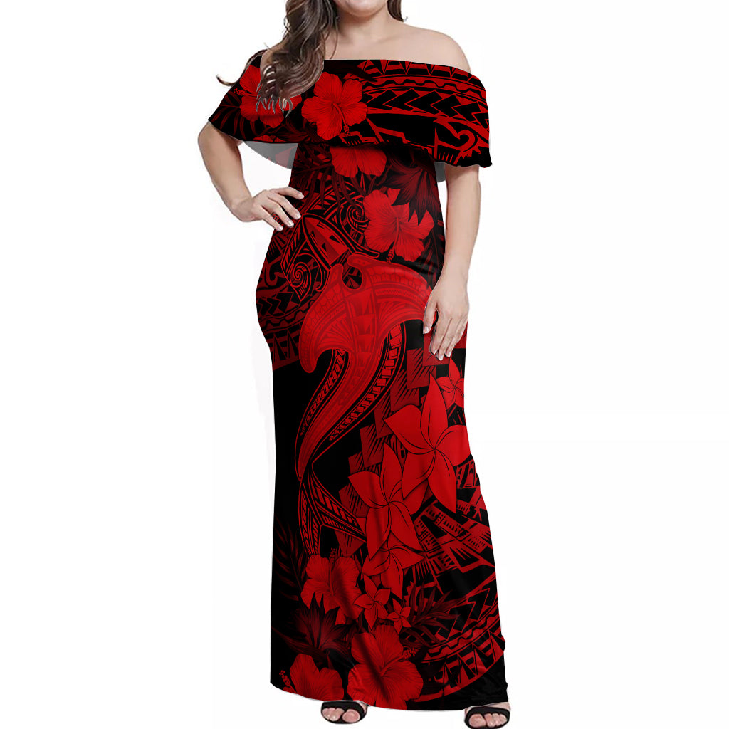 Aloha Hawaii Off Shoulder Maxi Dress Hammerhead Shark Tattoo Polynesian Summer - Red LT9 Women Red - Polynesian Pride