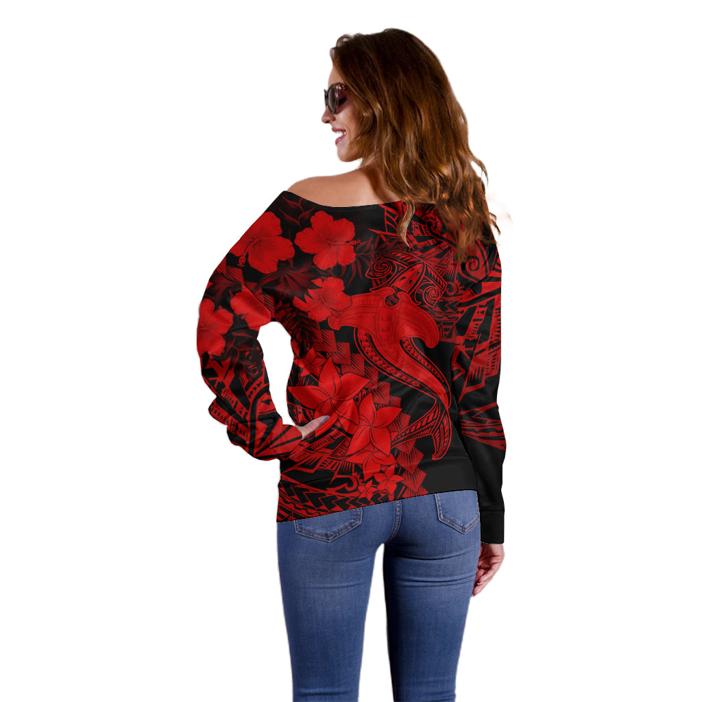 Aloha Hawaii Off Shoulder Sweater Hammerhead Shark Tattoo Polynesian Summer - Red LT9 - Polynesian Pride
