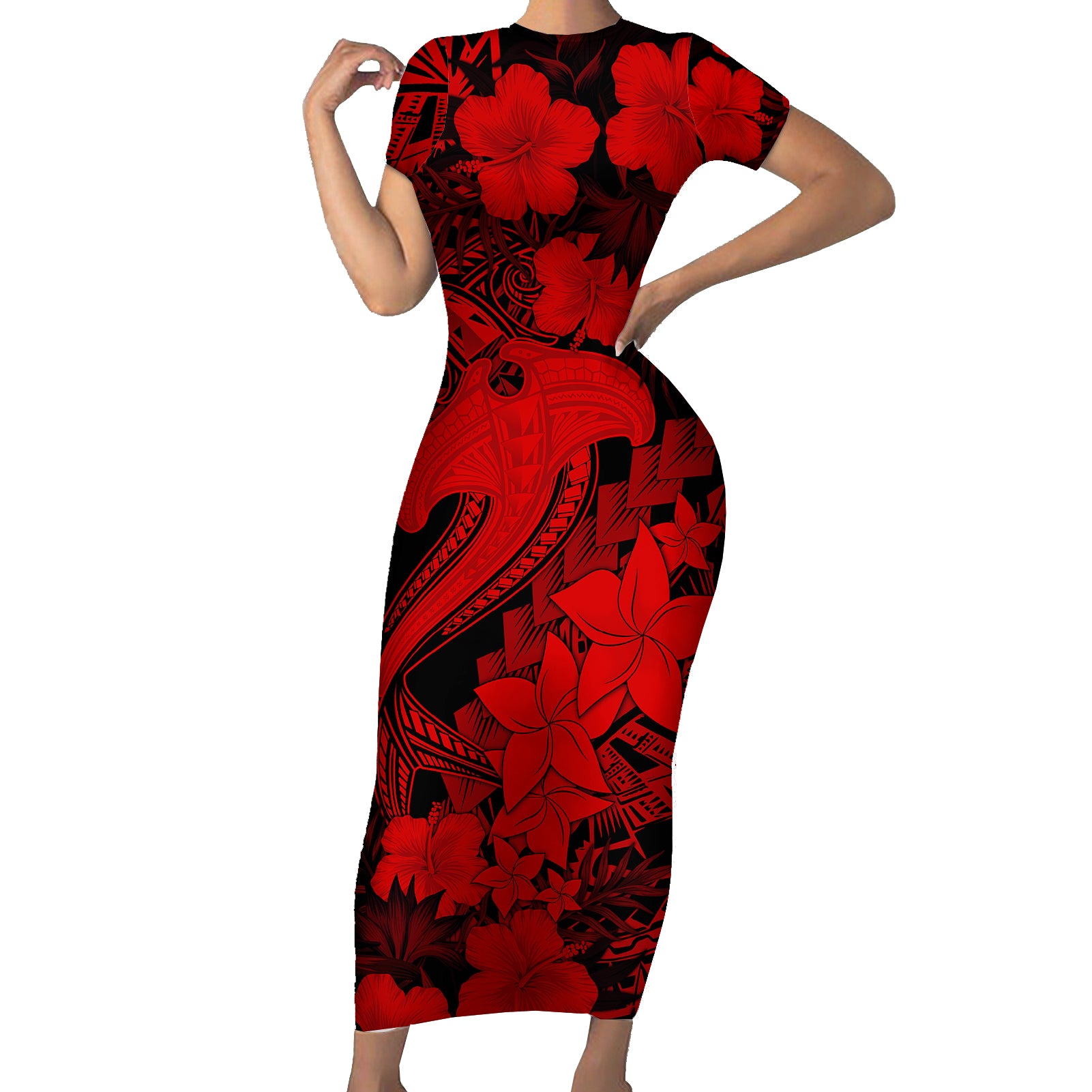 Aloha Hawaii Short Sleeve Bodycon Dress Hammerhead Shark Tattoo Polynesian Summer - Red LT9 Long Dress Red - Polynesian Pride