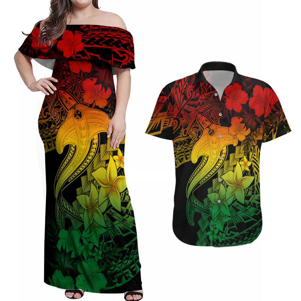 Aloha Hawaii Couples Matching Off Shoulder Maxi Dress and Hawaiian Shirt Hammerhead Shark Tattoo Polynesian Summer - Reggae LT9 Reggae - Polynesian Pride