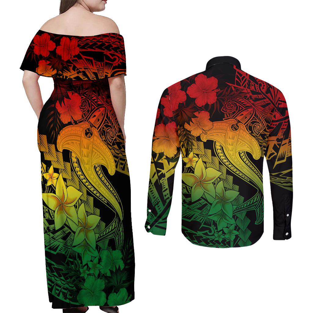 Aloha Hawaii Couples Matching Off Shoulder Maxi Dress and Long Sleeve Button Shirts Hammerhead Shark Tattoo Polynesian Summer - Reggae LT9 - Polynesian Pride