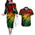 Aloha Hawaii Couples Matching Off The Shoulder Long Sleeve Dress and Hawaiian Shirt Hammerhead Shark Tattoo Polynesian Summer - Reggae LT9 Reggae - Polynesian Pride