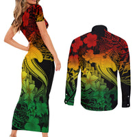 Aloha Hawaii Couples Matching Short Sleeve Bodycon Dress and Long Sleeve Button Shirts Hammerhead Shark Tattoo Polynesian Summer - Reggae LT9 - Polynesian Pride