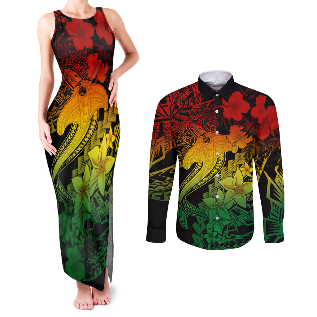 Aloha Hawaii Couples Matching Tank Maxi Dress and Long Sleeve Button Shirts Hammerhead Shark Tattoo Polynesian Summer - Reggae LT9 Reggae - Polynesian Pride