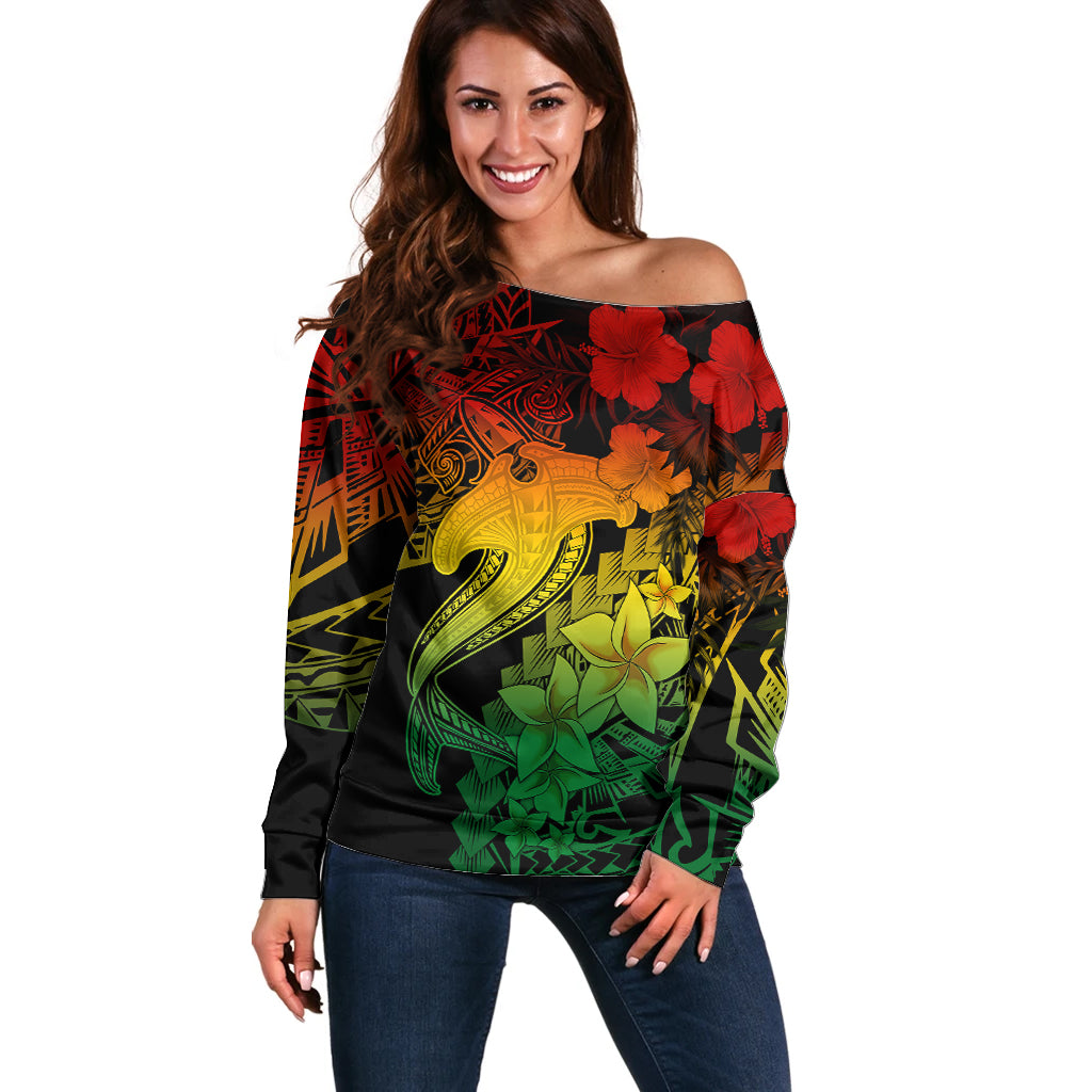 Aloha Hawaii Off Shoulder Sweater Hammerhead Shark Tattoo Polynesian Summer - Reggae LT9 Women Reggae - Polynesian Pride