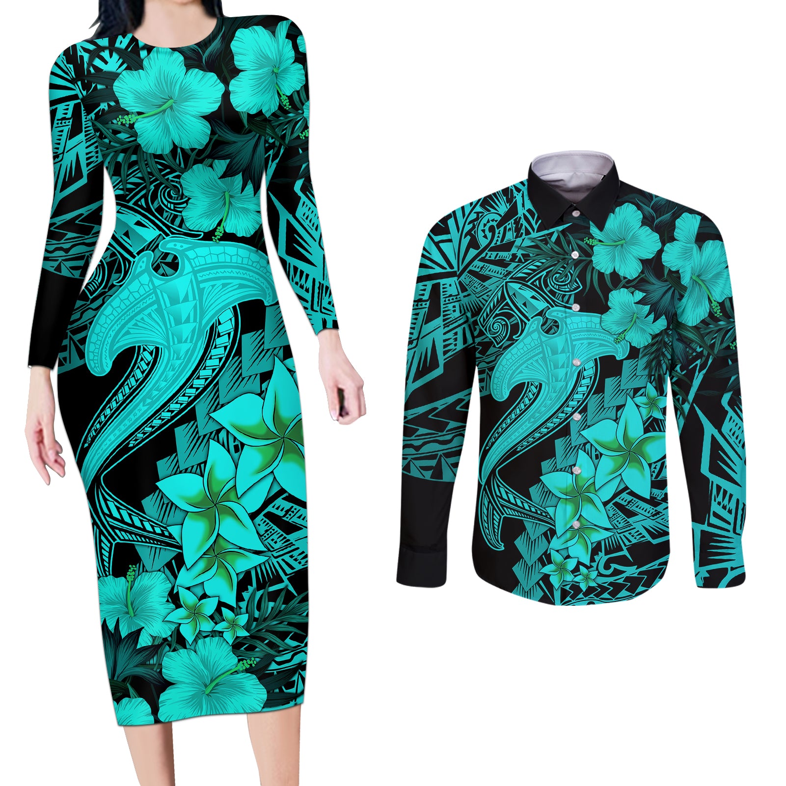 Aloha Hawaii Couples Matching Long Sleeve Bodycon Dress and Long Sleeve Button Shirts Hammerhead Shark Tattoo Polynesian Summer - Turquoise LT9 Turquoise - Polynesian Pride