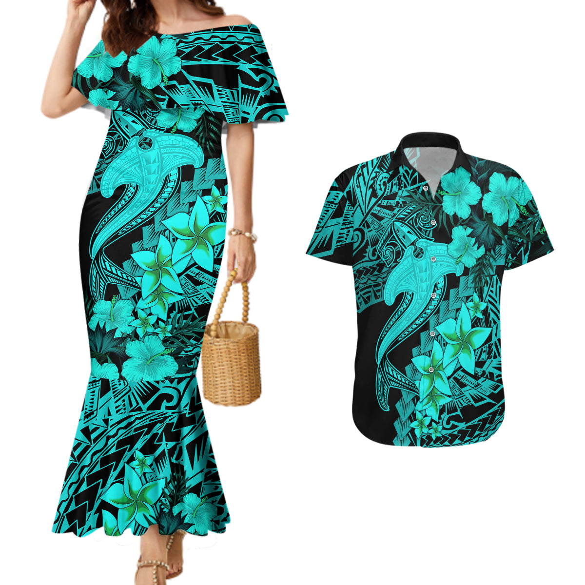 Aloha Hawaii Couples Matching Mermaid Dress And Hawaiian Shirt Hammerhead Shark Tattoo Polynesian Summer - Turquoise LT9 Turquoise - Polynesian Pride