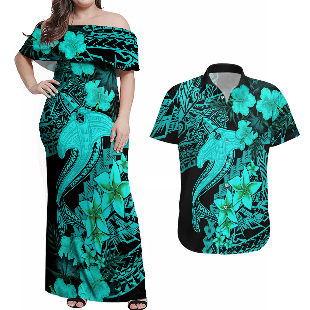 Aloha Hawaii Couples Matching Off Shoulder Maxi Dress and Hawaiian Shirt Hammerhead Shark Tattoo Polynesian Summer - Turquoise LT9 Turquoise - Polynesian Pride