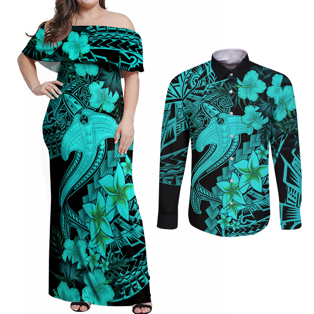 Aloha Hawaii Couples Matching Off Shoulder Maxi Dress and Long Sleeve Button Shirts Hammerhead Shark Tattoo Polynesian Summer - Turquoise LT9 Turquoise - Polynesian Pride