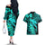 Aloha Hawaii Couples Matching Off The Shoulder Long Sleeve Dress and Hawaiian Shirt Hammerhead Shark Tattoo Polynesian Summer - Turquoise LT9 - Polynesian Pride