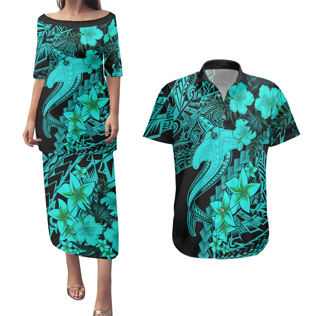 Aloha Hawaii Couples Matching Puletasi Dress and Hawaiian Shirt Hammerhead Shark Tattoo Polynesian Summer - Turquoise LT9 Turquoise - Polynesian Pride