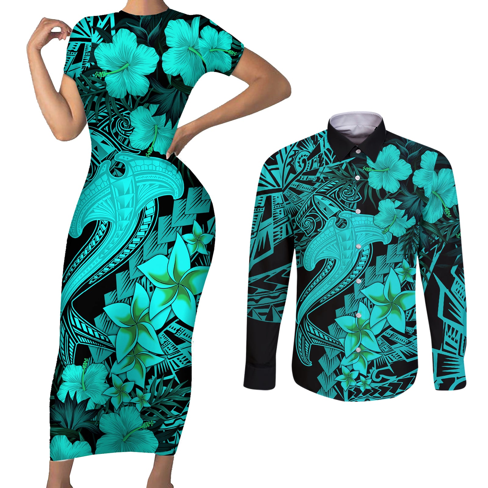 Aloha Hawaii Couples Matching Short Sleeve Bodycon Dress and Long Sleeve Button Shirts Hammerhead Shark Tattoo Polynesian Summer - Turquoise LT9 Turquoise - Polynesian Pride