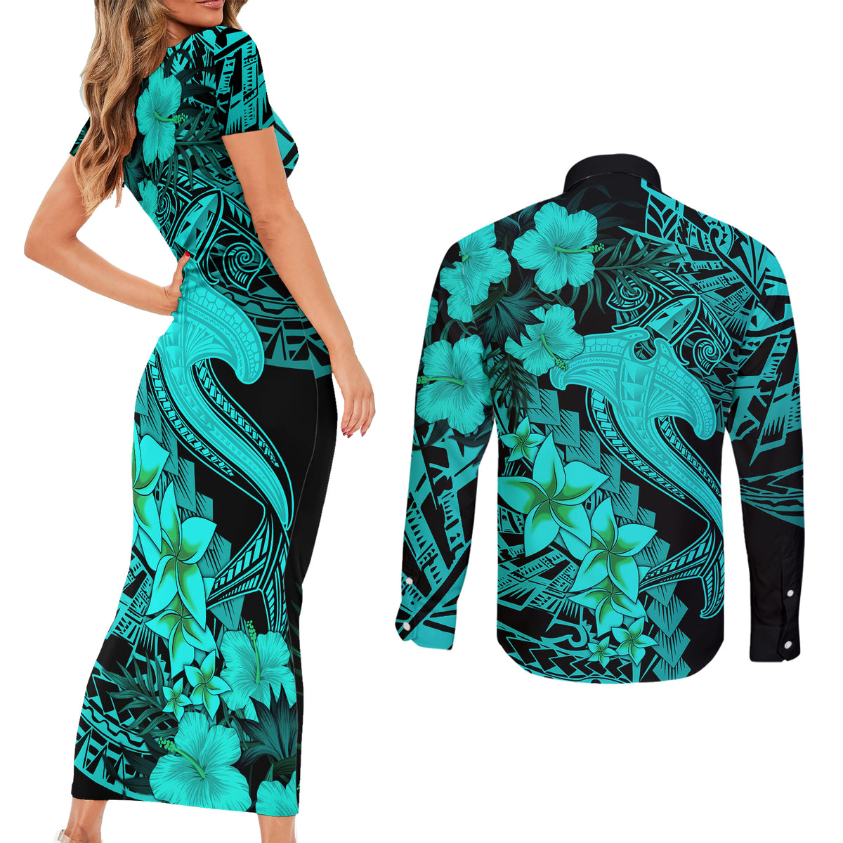 Aloha Hawaii Couples Matching Short Sleeve Bodycon Dress and Long Sleeve Button Shirts Hammerhead Shark Tattoo Polynesian Summer - Turquoise LT9 - Polynesian Pride