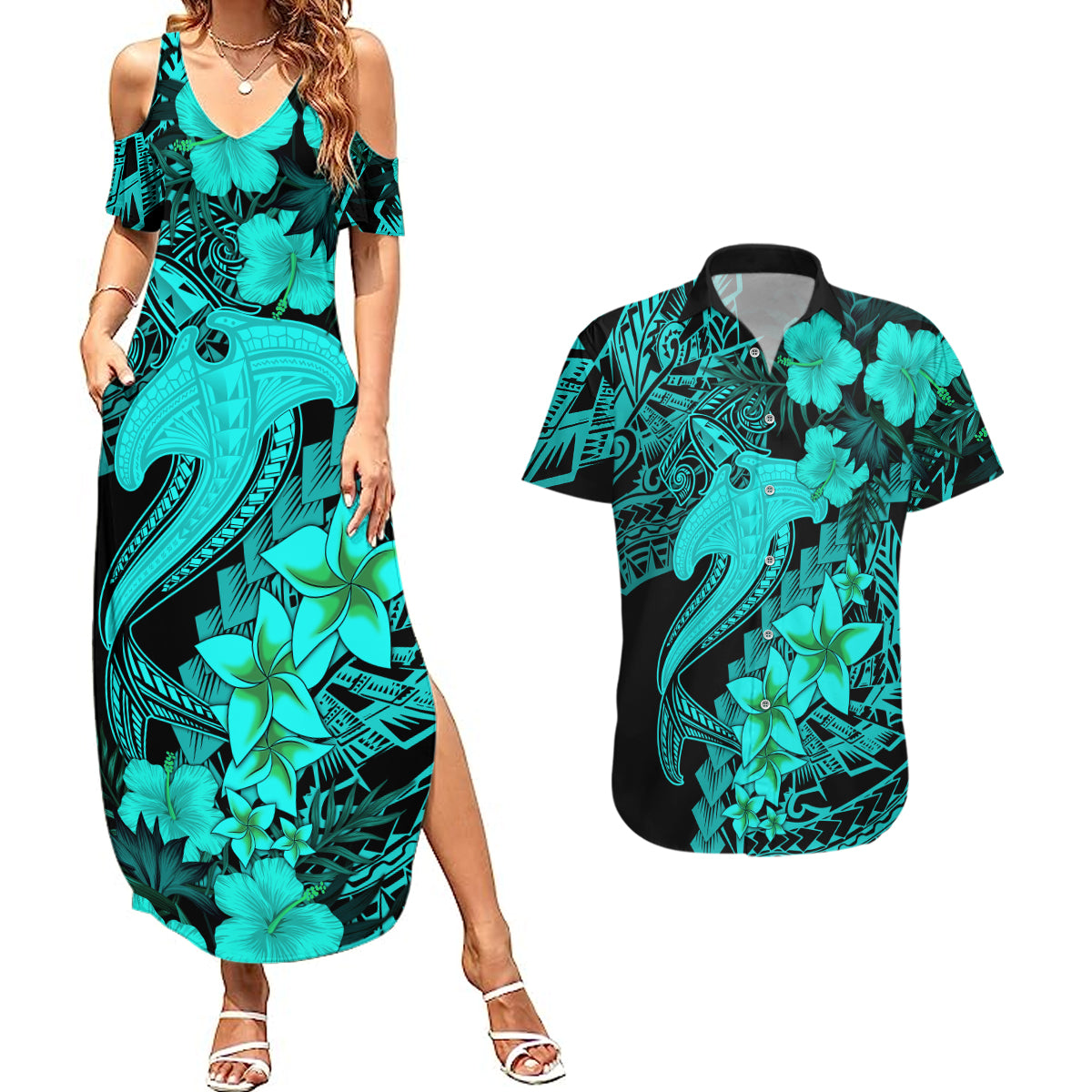 Aloha Hawaii Couples Matching Summer Maxi Dress and Hawaiian Shirt Hammerhead Shark Tattoo Polynesian Summer - Turquoise LT9 Turquoise - Polynesian Pride