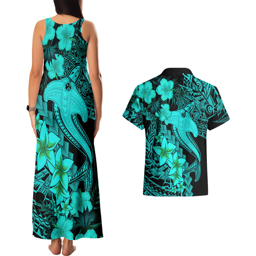 Aloha Hawaii Couples Matching Tank Maxi Dress And Hawaiian Shirt Hammerhead Shark Tattoo Polynesian Summer - Turquoise LT9 - Polynesian Pride