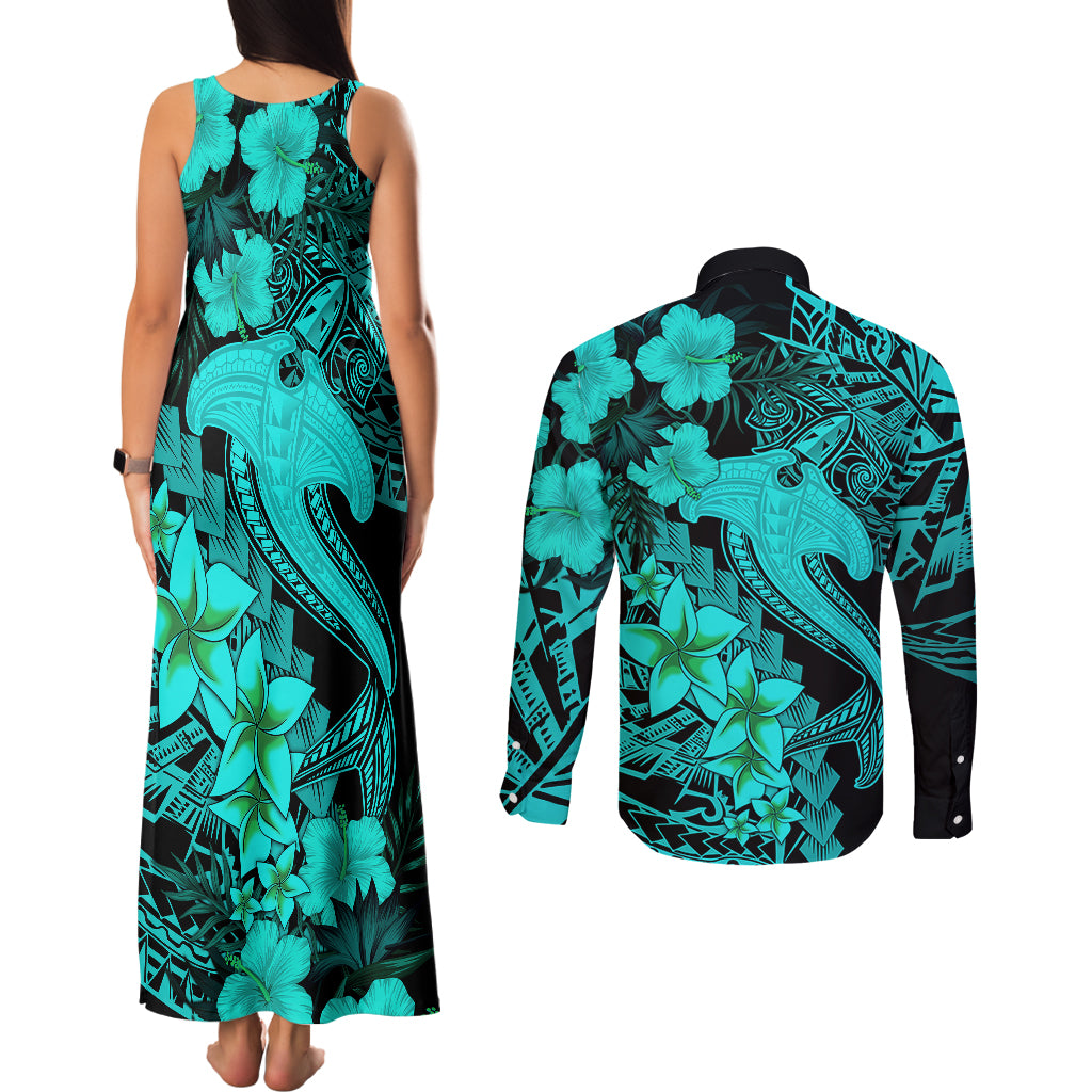 Aloha Hawaii Couples Matching Tank Maxi Dress and Long Sleeve Button Shirts Hammerhead Shark Tattoo Polynesian Summer - Turquoise LT9 - Polynesian Pride