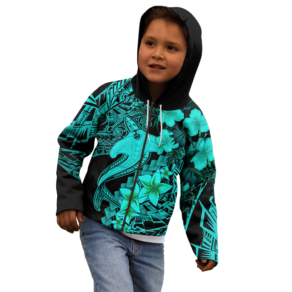 Aloha Hawaii Kid Hoodie Hammerhead Shark Tattoo Polynesian Summer - Turquoise LT9 - Polynesian Pride
