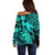 Aloha Hawaii Off Shoulder Sweater Hammerhead Shark Tattoo Polynesian Summer - Turquoise LT9 - Polynesian Pride