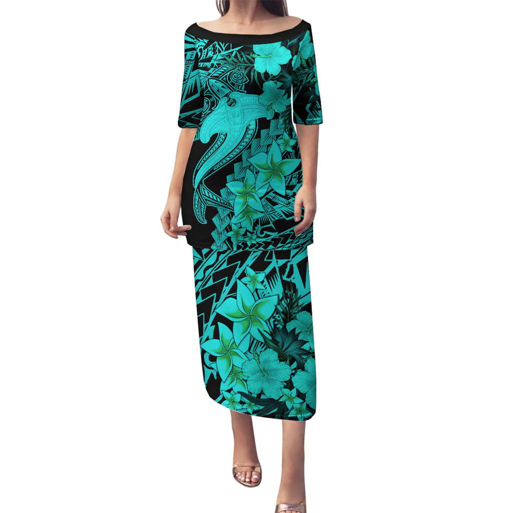 Aloha Hawaii Puletasi Hammerhead Shark Tattoo Polynesian Summer - Turquoise LT9 Long Dress Turquoise - Polynesian Pride