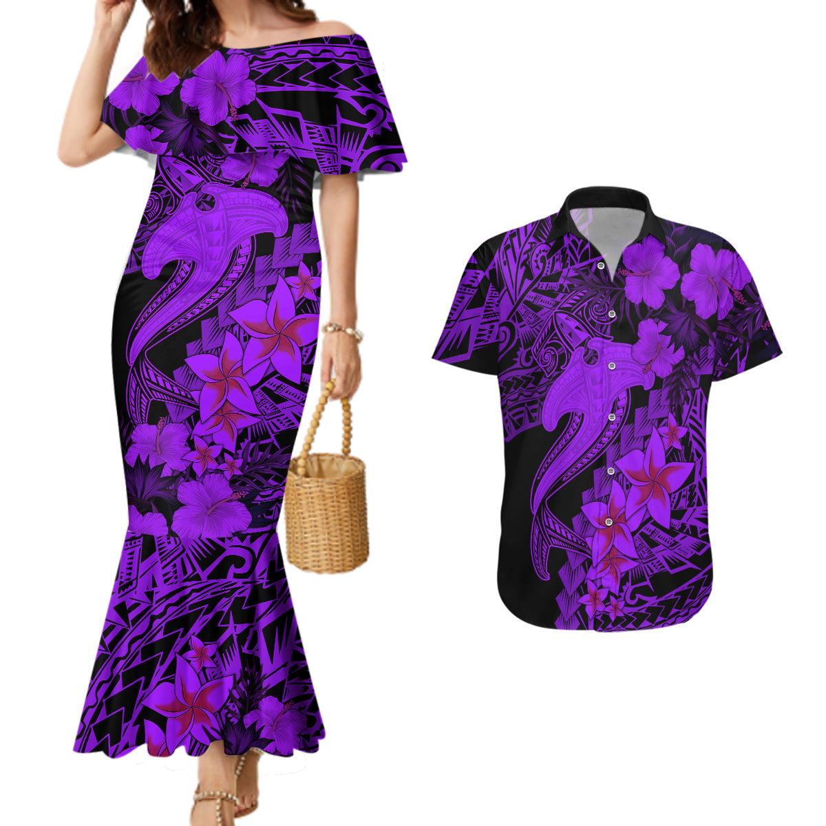 Aloha Hawaii Couples Matching Mermaid Dress And Hawaiian Shirt Hammerhead Shark Tattoo Polynesian Summer - Violet LT9 Violet - Polynesian Pride