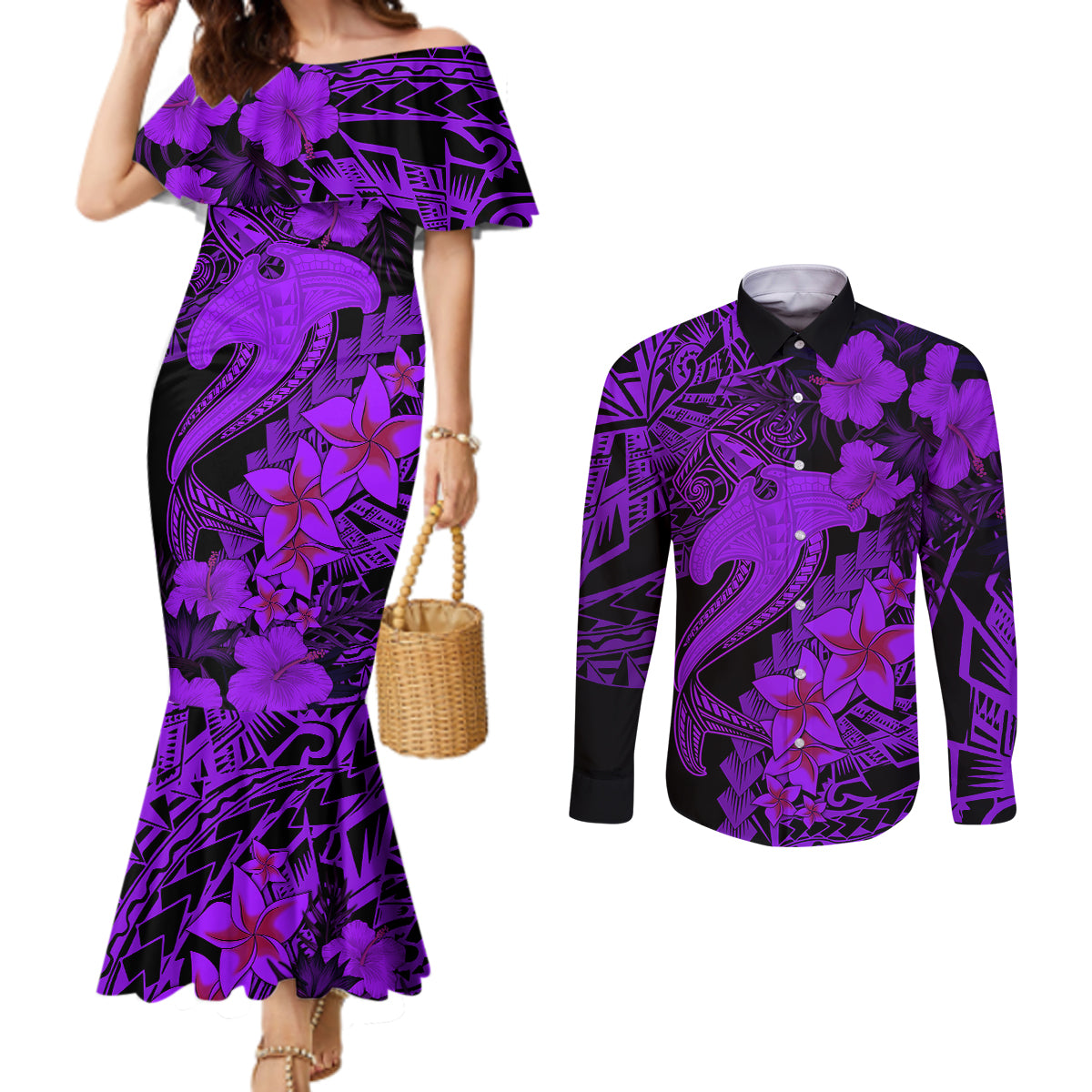 Aloha Hawaii Couples Matching Mermaid Dress and Long Sleeve Button Shirts Hammerhead Shark Tattoo Polynesian Summer - Violet LT9 Violet - Polynesian Pride