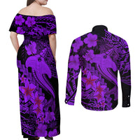 Aloha Hawaii Couples Matching Off Shoulder Maxi Dress and Long Sleeve Button Shirts Hammerhead Shark Tattoo Polynesian Summer - Violet LT9 - Polynesian Pride