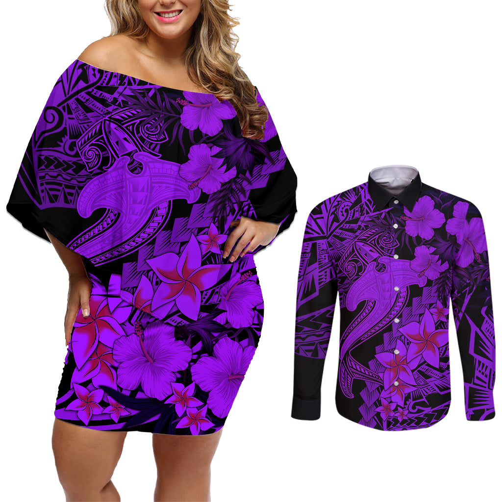 Aloha Hawaii Couples Matching Off Shoulder Short Dress and Long Sleeve Button Shirts Hammerhead Shark Tattoo Polynesian Summer - Violet LT9 Violet - Polynesian Pride