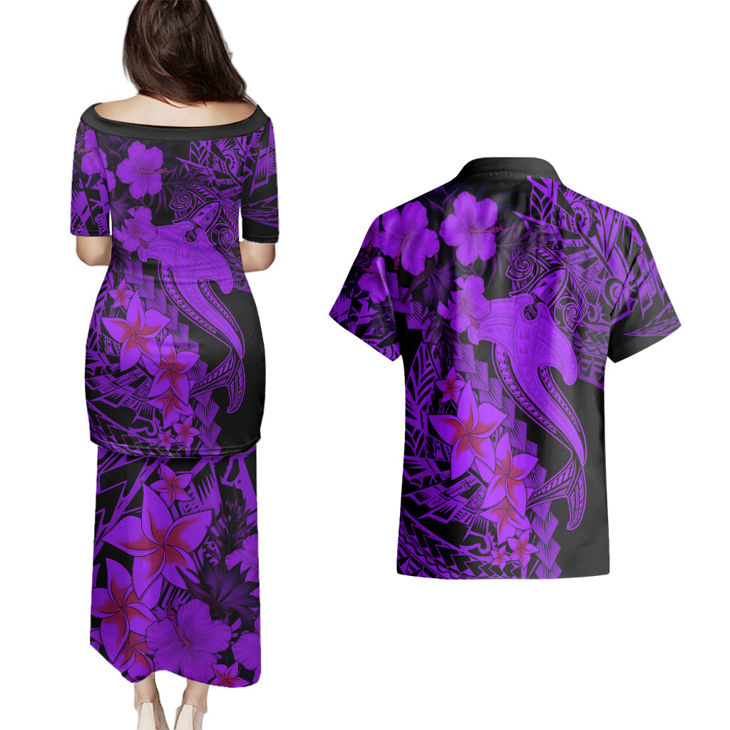 Aloha Hawaii Couples Matching Puletasi Dress and Hawaiian Shirt Hammerhead Shark Tattoo Polynesian Summer - Violet LT9 - Polynesian Pride