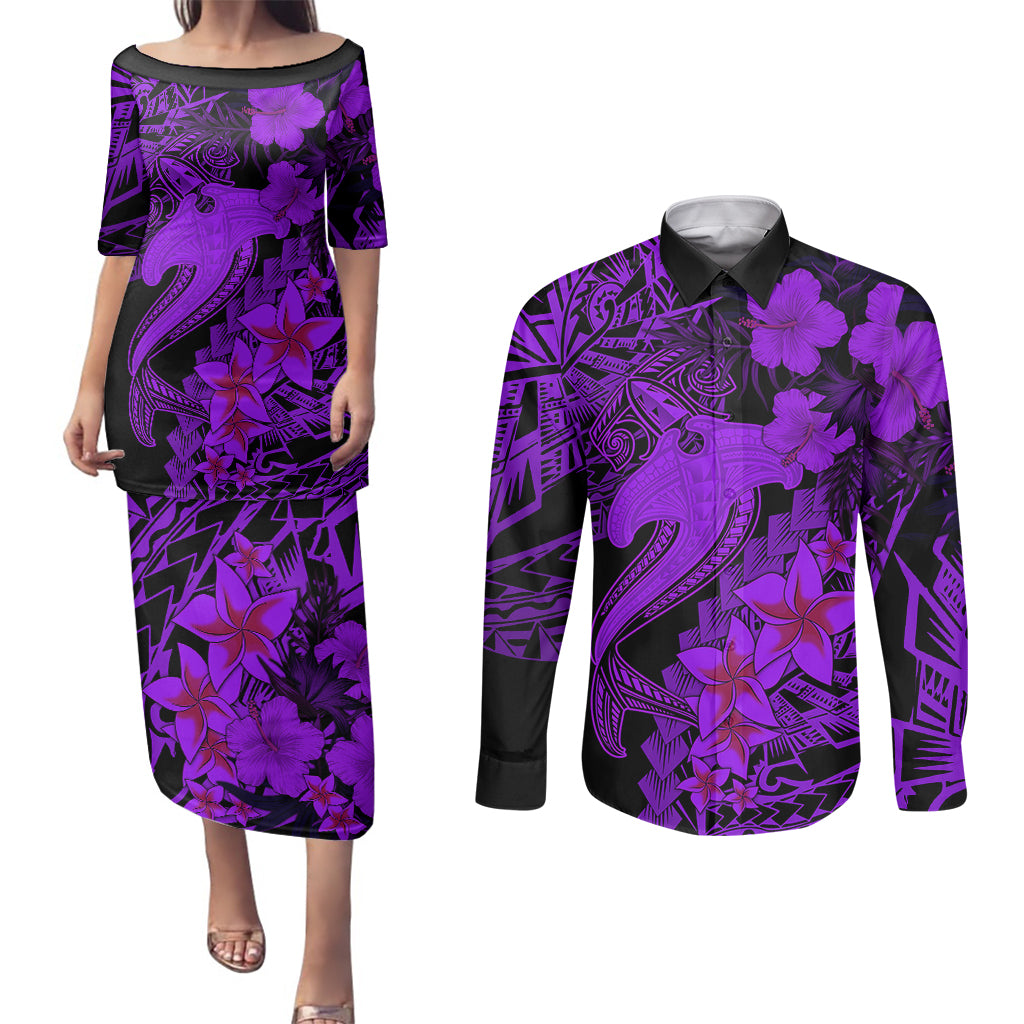 Aloha Hawaii Couples Matching Puletasi Dress and Long Sleeve Button Shirts Hammerhead Shark Tattoo Polynesian Summer - Violet LT9 Violet - Polynesian Pride