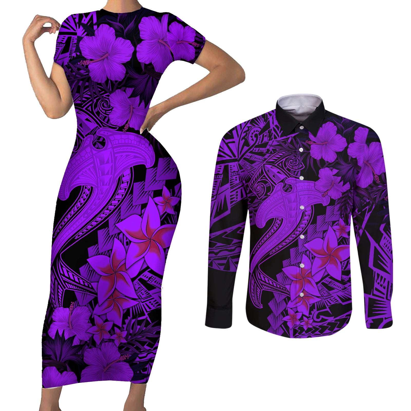 Aloha Hawaii Couples Matching Short Sleeve Bodycon Dress and Long Sleeve Button Shirts Hammerhead Shark Tattoo Polynesian Summer - Violet LT9 Violet - Polynesian Pride