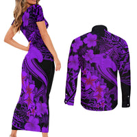 Aloha Hawaii Couples Matching Short Sleeve Bodycon Dress and Long Sleeve Button Shirts Hammerhead Shark Tattoo Polynesian Summer - Violet LT9 - Polynesian Pride