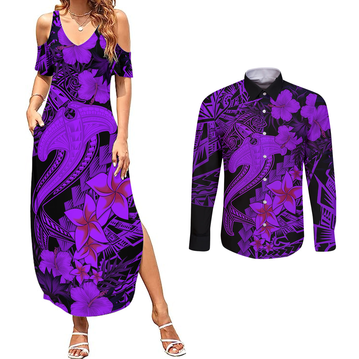 Aloha Hawaii Couples Matching Summer Maxi Dress and Long Sleeve Button Shirts Hammerhead Shark Tattoo Polynesian Summer - Violet LT9 Violet - Polynesian Pride