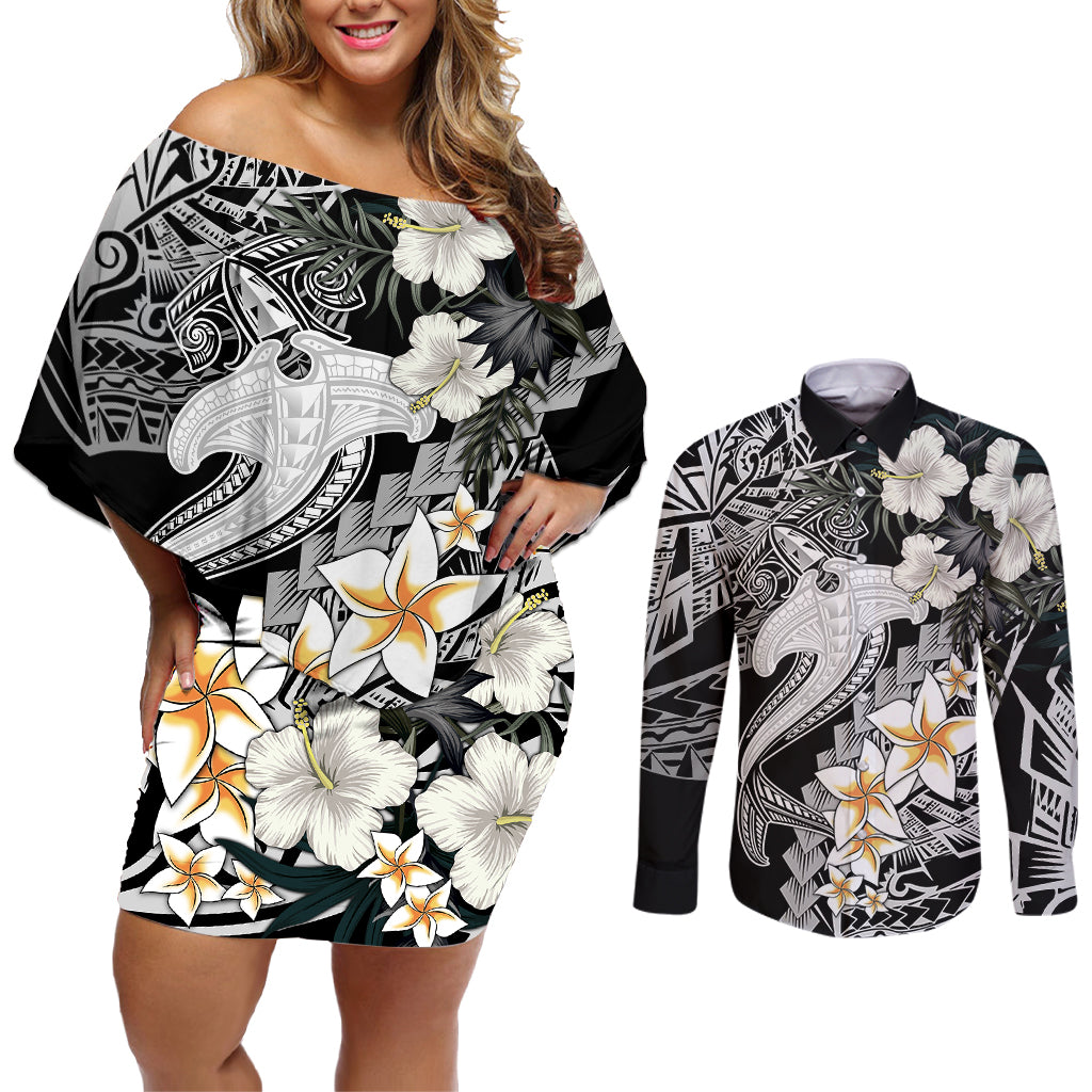 Aloha Hawaii Couples Matching Off Shoulder Short Dress and Long Sleeve Button Shirts Hammerhead Shark Tattoo Polynesian Summer - White LT9 White - Polynesian Pride