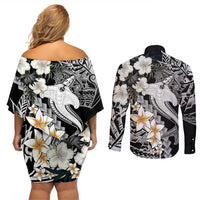 Aloha Hawaii Couples Matching Off Shoulder Short Dress and Long Sleeve Button Shirts Hammerhead Shark Tattoo Polynesian Summer - White LT9 - Polynesian Pride