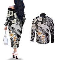 Aloha Hawaii Couples Matching Off The Shoulder Long Sleeve Dress and Long Sleeve Button Shirts Hammerhead Shark Tattoo Polynesian Summer - White LT9 - Polynesian Pride