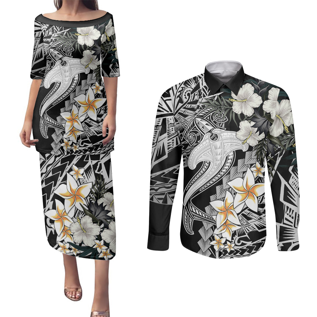 Aloha Hawaii Couples Matching Puletasi Dress and Long Sleeve Button Shirts Hammerhead Shark Tattoo Polynesian Summer - White LT9 White - Polynesian Pride