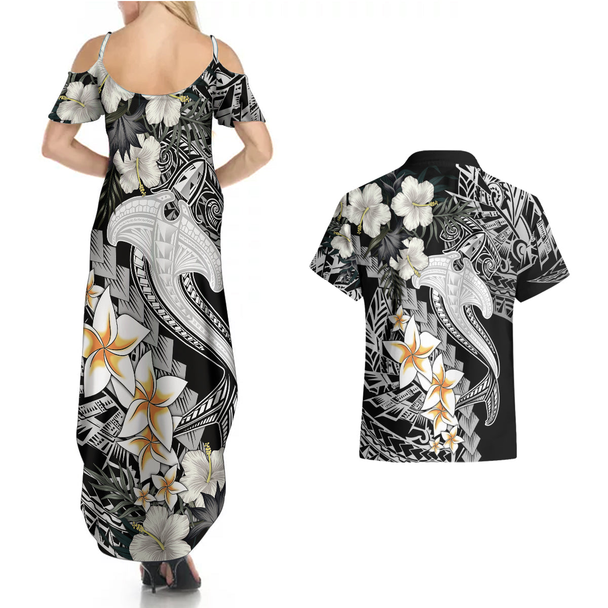 Aloha Hawaii Couples Matching Summer Maxi Dress and Hawaiian Shirt Hammerhead Shark Tattoo Polynesian Summer - White LT9 - Polynesian Pride